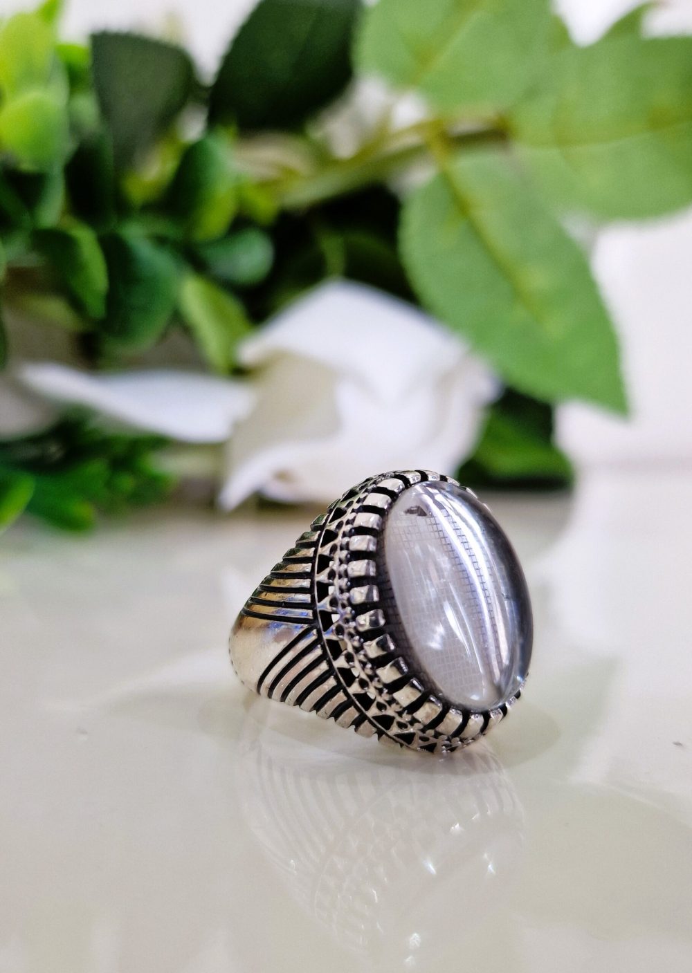 BAGUE CRISTALE DE ROCHE, GRAVURE LES 114 SOURATES DU SAINT CORAN