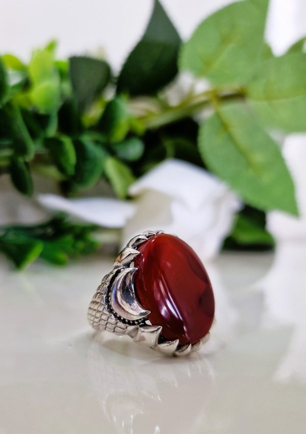 BAGUE AGATE YEMENITE ROUGE, GRAVURE LES 114 SOURATES DU SAINT CORAN