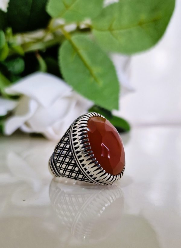 BAGUE AGATE YEMENITE ROUGE, GRAVURE LES 114 SOURATES DU SAINT CORAN
